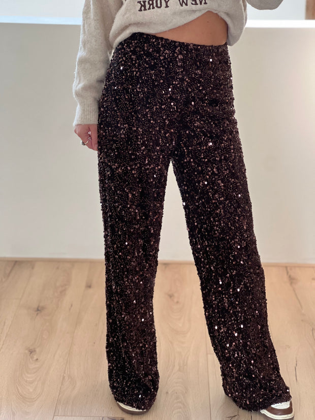 Pantalon sequin bruin 15826