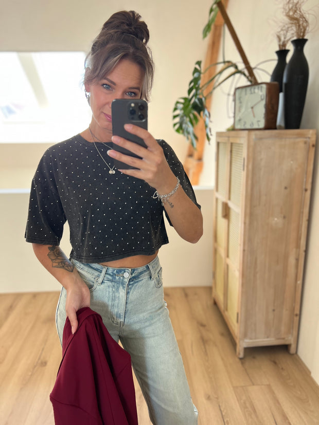 T-shirt cropped grijs strass LM8111
