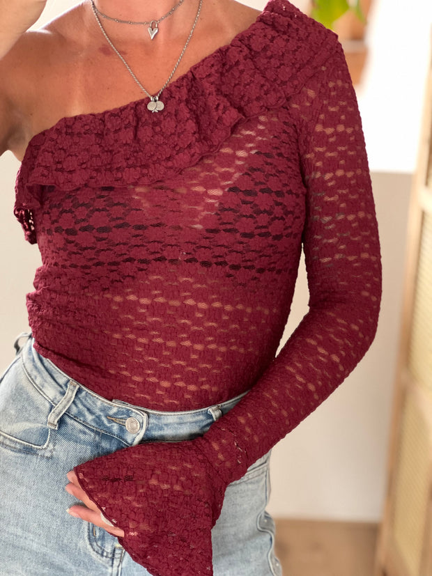One-shoulder lace top 61908 Bordeaux